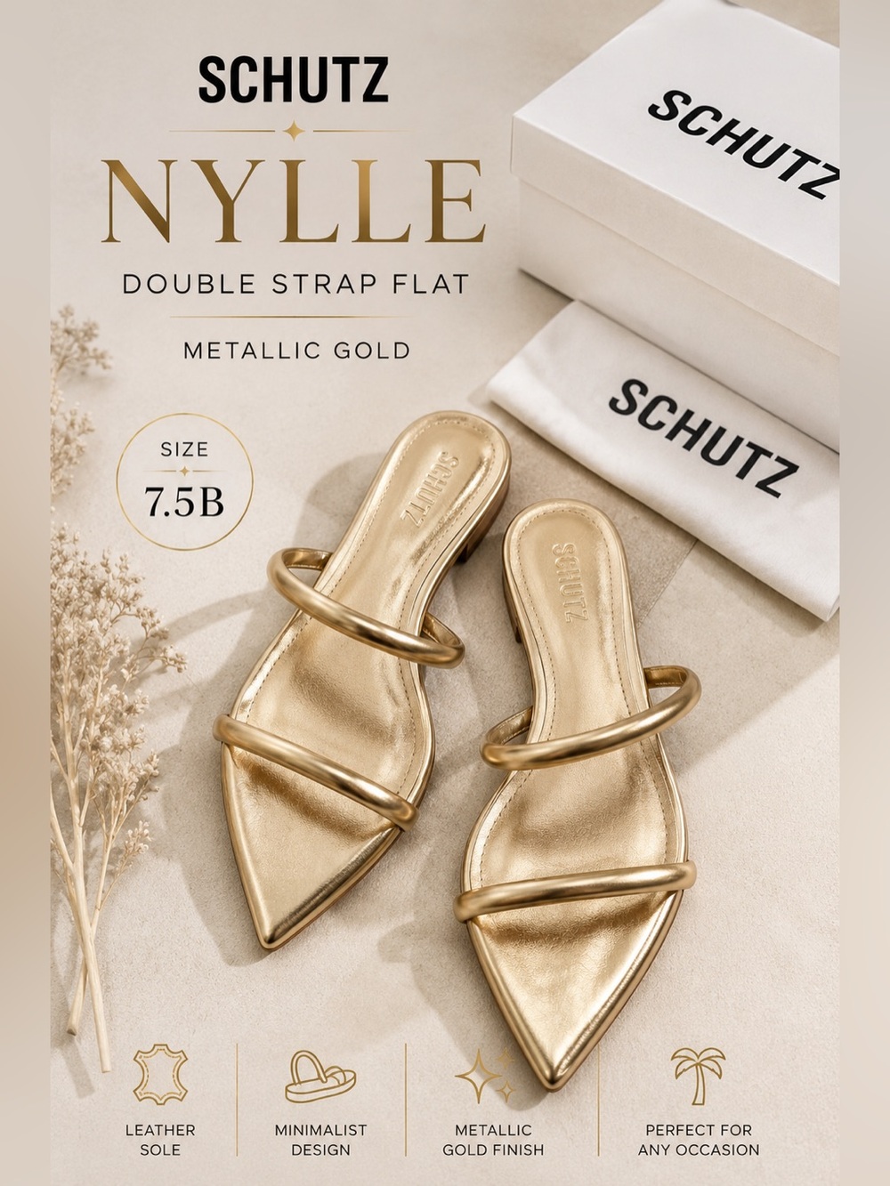 Schutz Nylle Metallic Gold Double Strap Pointed Toe Flat Sandals 7.5B